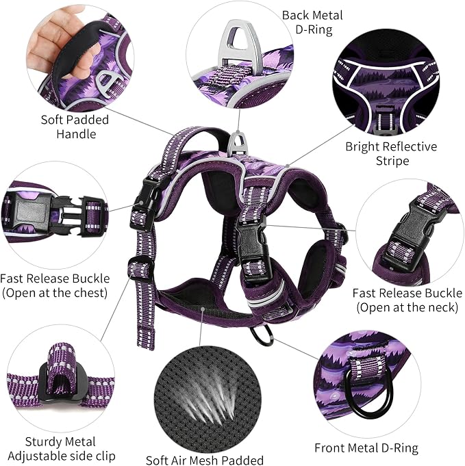 Timos Small Dog Harness, No Pull No Choke, Easy On & Off, Moon Night, XS | Adjustable Reflective Soft Padded, Neck Quick Release with 3 Buckles, Front & Back 2 Clips and Handle for Walking Training - Image 3