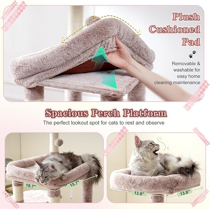 Heybly Cat Tree, 71-Inch Tall Cat Tower for Large Maine Coon Cats HCT037MU | Cat Condo Furniture with Extra-Large Baseboard, Multi-Level Platforms, 2 Hammocks and 12 Scratching Posts, Rosy Brown - Image 4