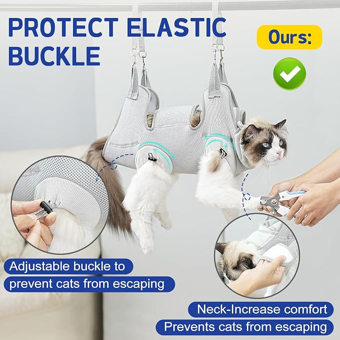 Supet Cat Grooming Hammock Harness for Nail Trimming, Kitten Care Sling | Small Dog Hanging Sling for Nail Clipping, Pet Restraint Holder for Medicine, Ear & Teeth Cleaning, Eye Care (Grey M) - Image 3
