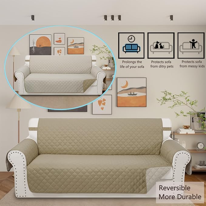 Reversible 4 Seater Sofa Cover 91" Large, Sofa, Camel/Beige | Couch Cover Furniture Protector with Foam Sticks Elastic Straps Furniture Protector for Pets Children Dog Cat - Image 2