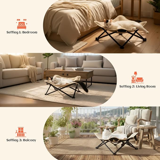 PETKARAY Foldable Cat Hammock Bed, Elevated Sisal Scratching Lounge with Metal Frame, Raised Cat Hammock Chair for Indoor Cats - Image 6