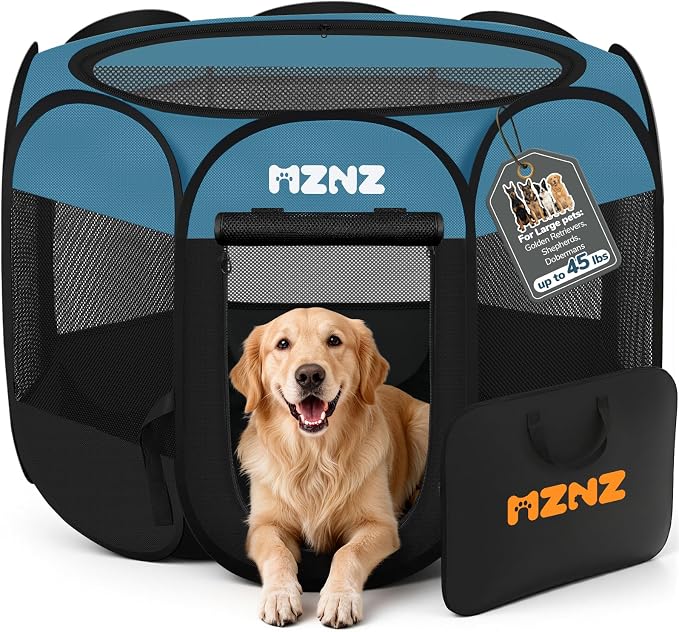Dog Cat Small Animal Puppy Playpen Crate, Large, Blue Black | Portable Pop Up Pet Cage Enclosure Tent Kennel Indoor Outdoor with Carrying Case, No Assembly, Camping Use by MZNZ