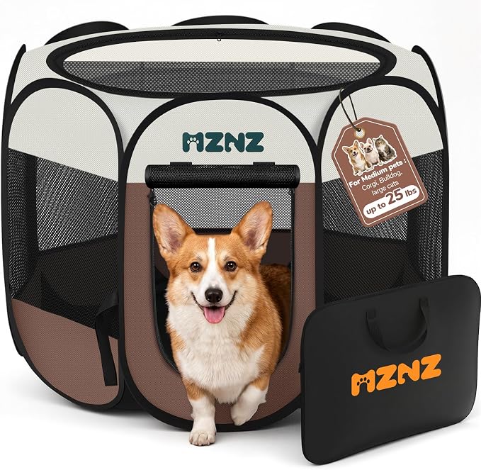 Dog Cat Small Animal Puppy Playpen Crate, Medium, Brown | Portable Pop Up Pet Cage Enclosure Tent Kennel Indoor Outdoor with Carrying Case, No Assembly, Camping Use by MZNZ