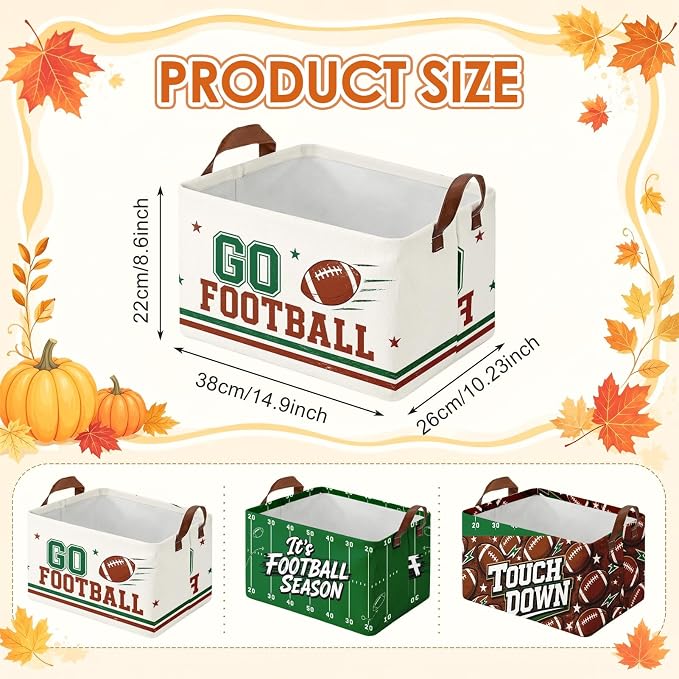 Britimes Football Storage Baskets for Gift, Toy Storage Bins Box,3Pcs Fall | Game Day Canvas Collapsible Baskets Organizer with Handles Football Nursery Decor Laundry Basket for Shelves Closet - Image 3