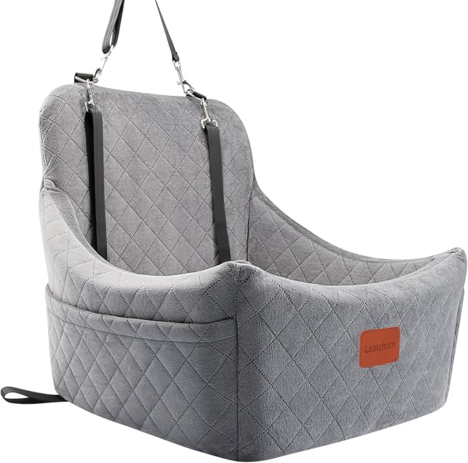 Lealchum Dog Car Seat for Medium Dogs Up to 40lbs,Fully Detachable and Washable,Easy to Install with Adjustable Straps,Anti-Slip Base Travel Car Bed for Pets,2 Side Pockets(Grey,Medium) by Lealchum