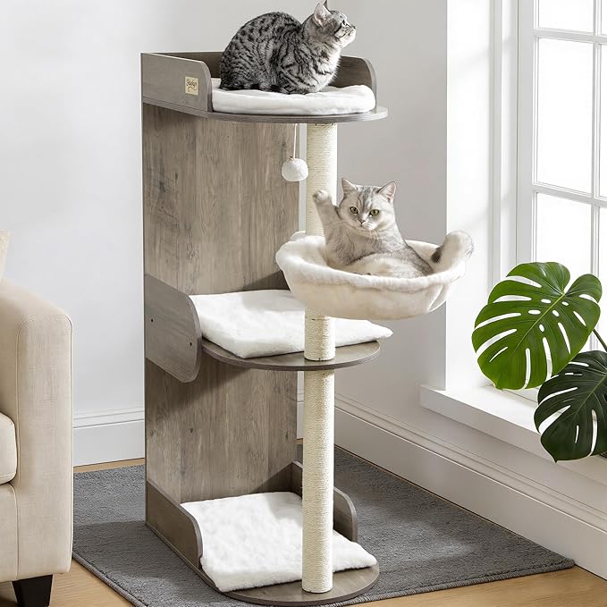 44.8in Modern Wood Cat Tree Tower for Indoor Large Cats with Perch | Multi-level Big Platforms, Sisal Scratching Posts, Cozy Hammock, Washable Pads, Ideal for Windows and Corners, Greige by FeliskynCatTreeTower