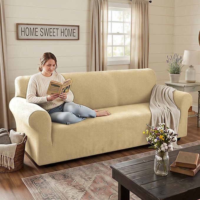 XINEAGE Stretch Jacquard Loveseat Cover, Non Slip Sofa Slipcover for Dog | High-Stretch Fabric. Wear-Resistant, Pet Friendly. Easy Install & Washable for Living Rooms, Offices.Beige - Image 3
