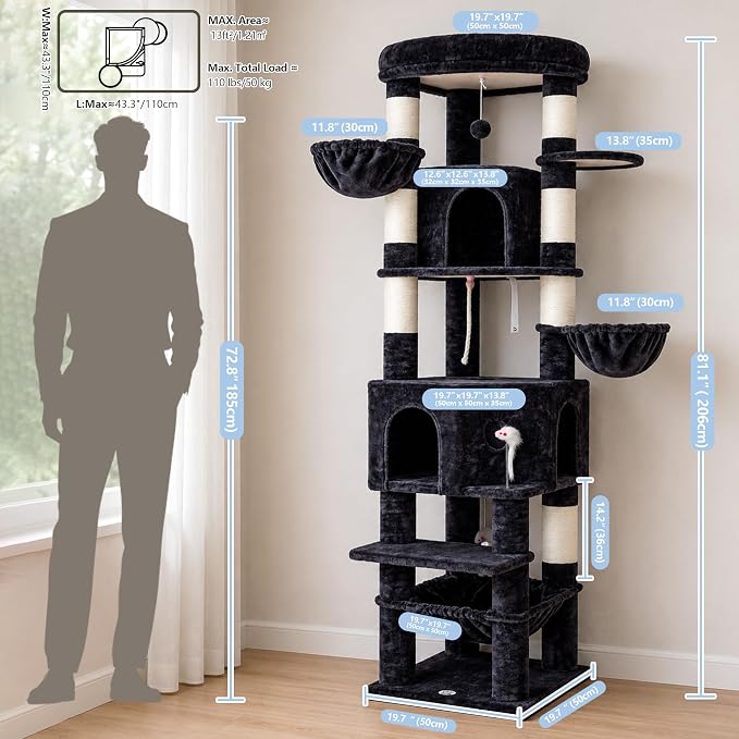 Cat Tree, 81.1" Skyward Corner Cat Tower for Large Cats VCT031G | Space-Smart Cat Furniture with Diamond Hideout, Grand Platform, Firm Base, 3 Soft Hammock & Pet Relax Station, Dark Gray - Image 5