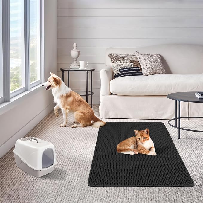 Ultra-Soft Cat Litter Mat 23.4"x14.7" Urine-Proof Non-Slip Black | Catches various litter, 3D large-pore, side-opening pour-out, easy clean, soft & durable, BPA-free, small litter mat - Image 7