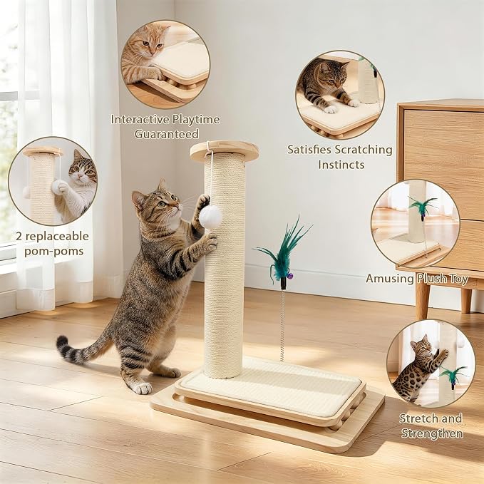 Cat Scratching Post with Sisal Mat and Wooden Base Indoor Scratcher | Stable cat scratch furniture with durable sisal post, scratch mat and hanging ball, protects furniture, easy assembly - Image 2