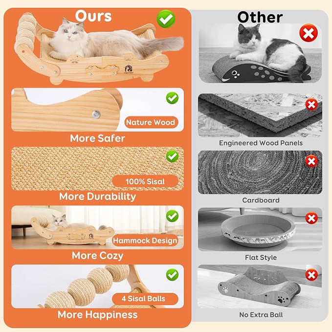Large Sisal Cat Scratch Pad, Nartural Soild Wood Cat Scratcher Bed with Sisal Scratching Felt and 4 Balls for Indoor Cats Scratch & Lounger & Sleep (Large Size, Nature Wood) - Image 2