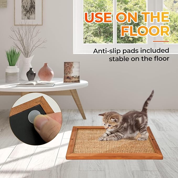 Cat Scratching Post, Natural Wooden Sisal Cat Scratch Pad, Floor or Wall Mounted Vertical Cat Scratcher Mat for Indoor Cats Adults or Kittens, Scratching Board Cat Wall Furniture Protector - Image 3