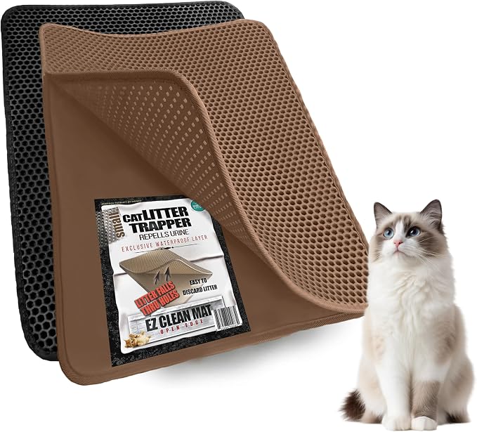 iPrimio Cat Litter Trapper Mat, Waterproof, Double Layer, 23" x 21", Brown | Double layer honeycomb traps scattered litter while the waterproof base blocks urine. Soft on paws and empties in one pour. by iPrimio