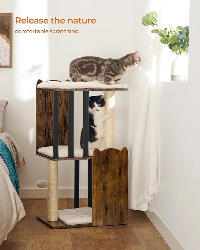 35.4in 3-Tier Modern Cat Tree Tower Condo, Cat Scratch Posts for Indoor Cats, Big Plate, Two Full Sisal Scratching Posts, Rustic Brown - Image 3