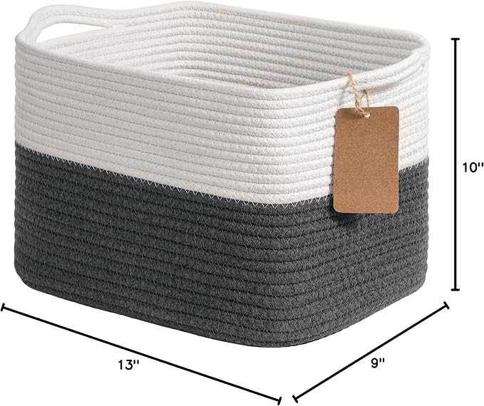 Goodpick Woven Rope Storage Basket for Shelves, Rectangle, Dark Gray | 13" × 10" × 9" Stylish Gift Basket for Home Decor, Cotton Rope Baskets for Baby Toys, Books & Towels Storage, Writable Label - Image 8