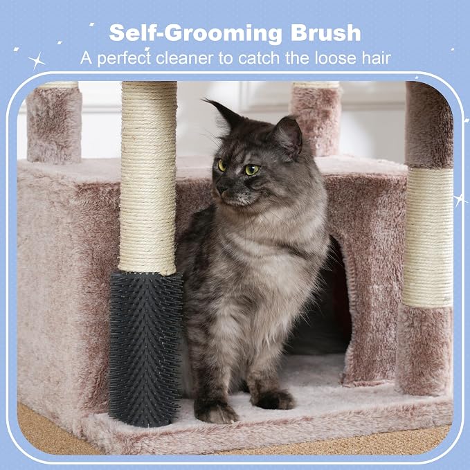 Hey-brother Cat Tree Tower with Extra Large Platform, Big Condo, MPJ070MU | 51.1 Inches Scratching Posts with 2 Cozy Hammocks, Self-Grooming Brush for Indoor Adult Cats, Maine Coon, Muchroom - Image 4