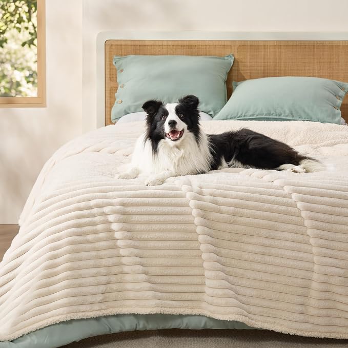 Bedsure ComfyFleece™ Waterproof Blanket for Bed, Queen（86"x108"） Cream | Soft Plush Bed Couch Cover Corduroy Fleece for Furniture Protector, Cozy Calming Reversible Dog Blankets for Large Dogs Pet by Unknown