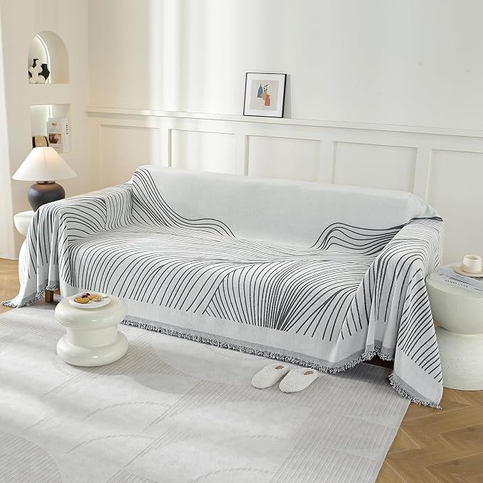 Couch Cover for Sofa, Boho Sofa Cover Washable Couch Cover for Dogs, Pet Sofa Cover for 1-Cushion Couches with Tassel Furniture Protector Cover,71" x 91",Dark Gray-Wave - Image 2