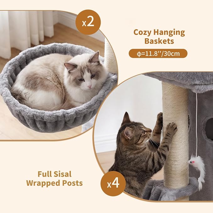 Heybly Cat Tree with Reinforced Big Base, 41.3 in Sturdy Cat Tower HCT075W | Indoor Cat Furniture Featuring 2 Roomy Platforms, Double Condos, 2 Cozy Baskets, Full Sisal Scratching Posts, Light Gray - Image 8