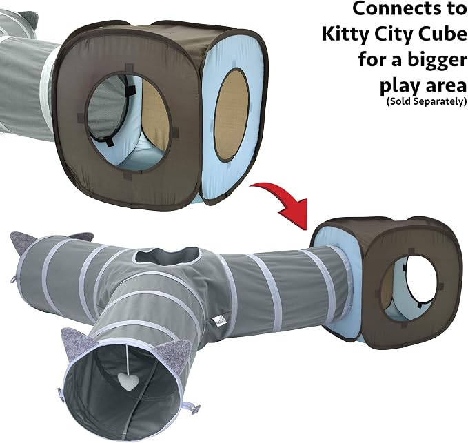 Kitty City Pop-Up Rolling Cat Cube & Tunnel Toy, Collapsible Indoor Cat Play Cube with Peekaboo Openings & Hanging Tassel, Lightweight Foldable Cat Furniture - Blue/Brown - Image 5