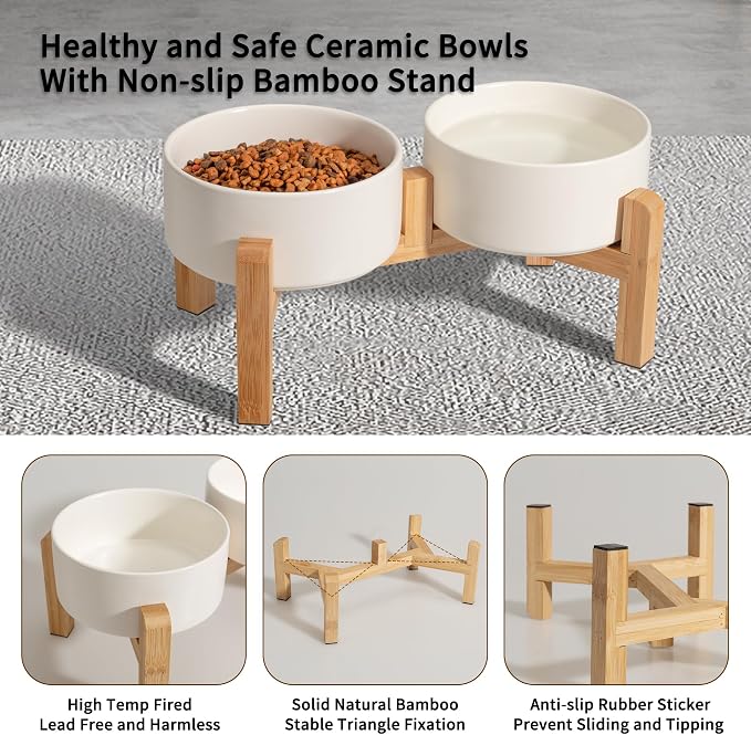 Elevated Ceramic Dog Bowl, 2 Cups Dog Food and Water Bowl Set with Stand | 5.1'' Double Dog Feeding Dishes, Non-Slip Raised Dog Feeder for Cats and Puppies, 16.23 OZ / 480 ML, White - Image 3
