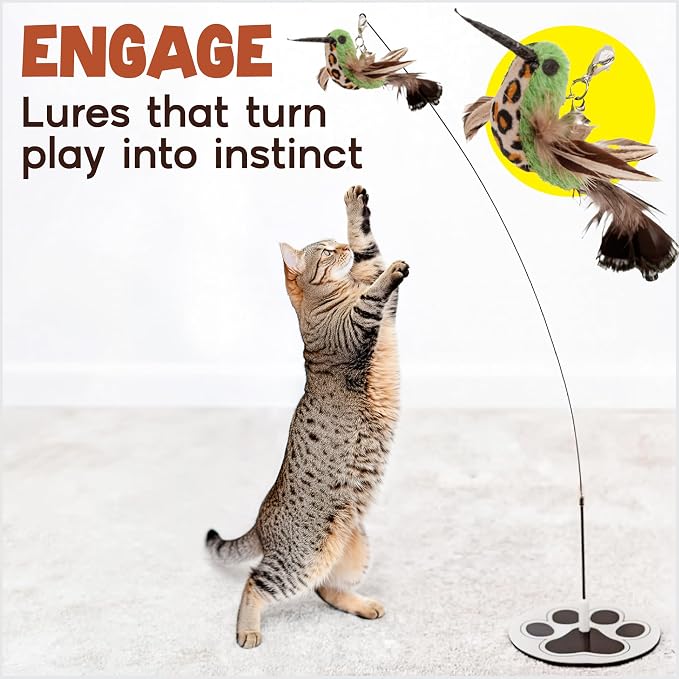 Interactive Cat Toys for Indoor Cats: Flying Bird Cat Toy Wand 5 Attachmets | Trigger natural hunting instincts! The no-topple base secures 5 bird feather lures for vigorous, active play. - Image 8