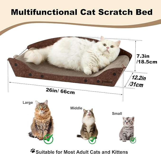 ZOMISIA 26'' Cardboard Cat Scratcher Bed - Large Scratcher Couch for Indoor Cats, Orthopedic Scratching Board, Lounger Scratching Couch with Bells - Image 3