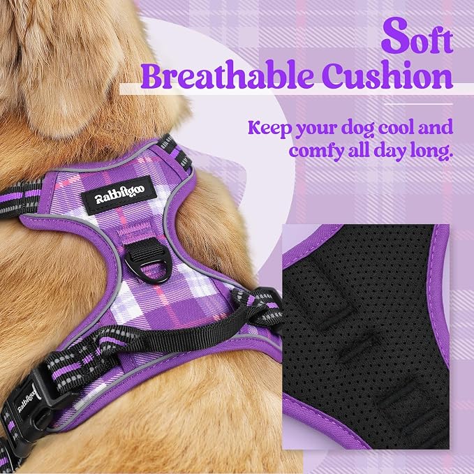 rabbitgoo Dog Harness, No Pull for Large Dogs with 2 Leash Clips, Pet Vest | No Choke with Handle, Adjustable Soft Padded, Reflective, Easy Control for Walking, Purple Plaid, X-Large - Image 2