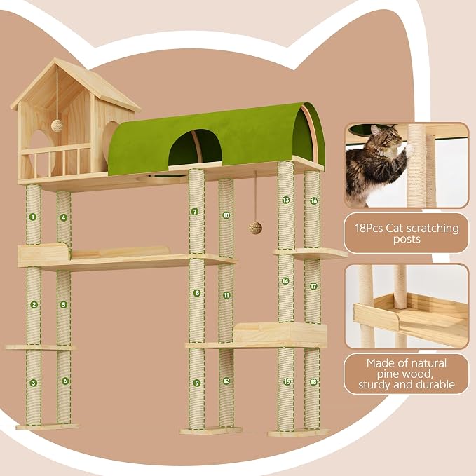 60'' Cat Tree for Automatic Litter Box, for Heavy Cats up to 22lbs | Solid Wood Large Cat Tower with Tunnel & House, Space-Saving for Indoor Multi-Pet Households, Stops Furniture Scratching - Image 6
