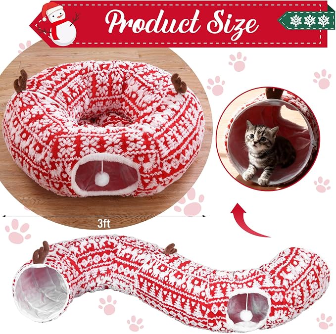 Dansydaisy Cat Tunnel Christmas Tree Skirt, Snowflake Deer Cat Tunnel Bed with Toys, Hanging Ball Plush Washable Cushion and Dangling Balls 3FT Peekaboo Playground for Small Medium Rabbit Xmas Decor - Image 5