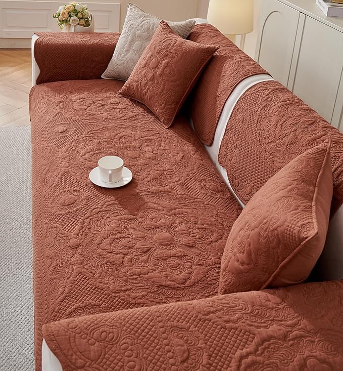 vctops Boho Cotton Quilted Couch Cover Soft Embroidered Sofa Cover Non-Slip Dog Bed Cover Scalloped Sofa Slipcover Washable Furniture Protector Cover (Orange,43"x70") - Image 4