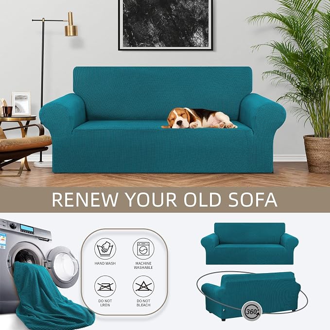 KEKUOU Stretch Loveseat Couch Cover, 2 Cushion Couch Slipcover,Peacock Blue | 1-Piece Washable Sofa Cover Pet Friendly (55"-78") Furniture Protector Soft Jacquard, Elastic Bottom for Dogs & Kids - Image 3