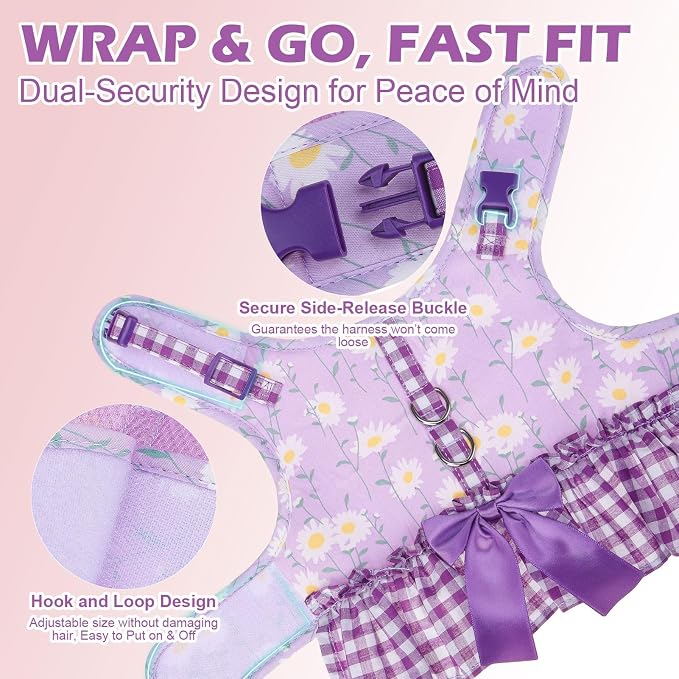 EXPAWLORER Dog Harness Small Medium Sized Dogs, No Choke No Pull Mesh Vest | Daisy Dog Dress Bowknot Harness and Leash Set, Soft Cute Princess Puppy Outfits Clothes Costume for Girls Party Cats Purple S - Image 6