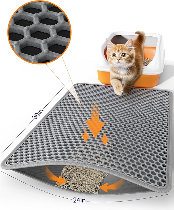Powools Cat Litter Mat - 30" x 24" Large Litter Box Mat with Double Layers, Urine-Proof and Non-Slip Litter Trapping Mat, Easy to Clean Kitty Litter Mats for Floor, Scatter Control, Grey - Image 6