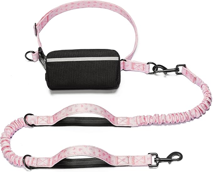 Hands Free Dog Leash with Zipper Pouch, Pink Heart, Large | Waist Leash, Dual Padded Handles, Shock-Absorbing Bungee, Adjustable Waist Belt, Walking and Running by iYoShop