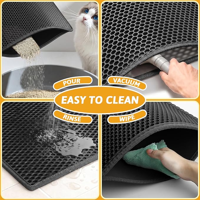 Pieviev Kitty Litter Mat, Double-Layer Waterproof Design, 30" x 24" Black | Honeycomb Litter Box Mat Catches Scattered Particles to Stop Tracking, Urineproof Base protects Floors, Easy to Clean - Image 6