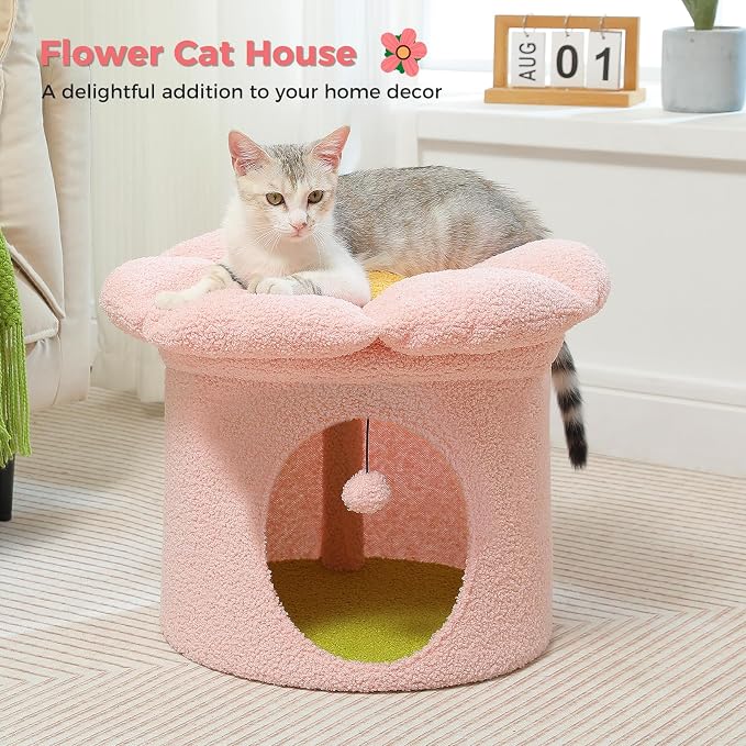 PETEPELA 20" Cute Cat Tree House with Removable Flower Bed, Pink | Small Cute Cat Tree House with Removable Flower Cat Bed, Cat Hideaway, Indoor Cat House Condo, Cat Accessories - Image 8