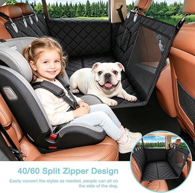 Waterproof Hard Bottom Car Seat Cover for Dogs with 2 Dog Seat Belts | Waterproof,Mesh Window,Zero Slide,Easy Removal & Storage,Heavy-Duty Oxford Fabric,Double-Stitched Seams - Image 5
