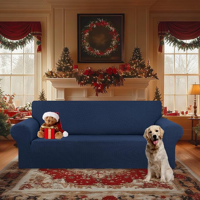 KEKUOU Stretch Oversized Couch Covers for Sofa Slipcover,Navy Blue | 1-Piece Washable Sofa Cover (94"-110") 4-Seater Furniture Protector, Soft Jacquard Non-Slip Elastic Bottom for Dogs & Kids - Image 2
