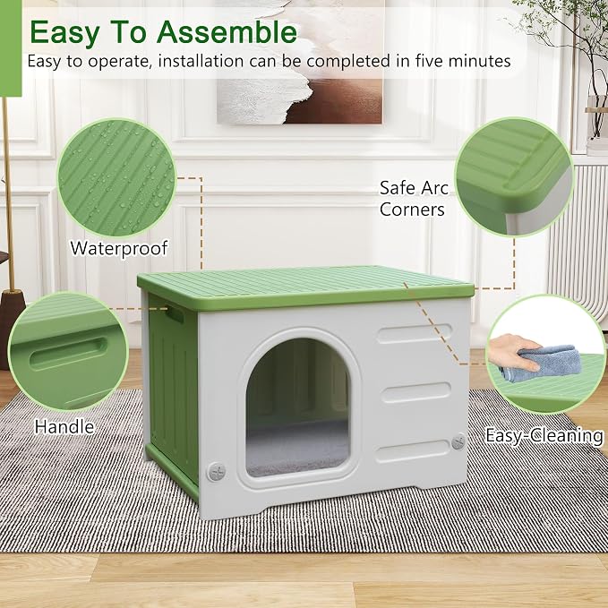 Plastic Cat House Outdoor & Indoor, Waterproof Feral Cat Houses with Escape Door, Sturdy Outdoor Cat House with Bed Mat, Outside Cat Shelter for Small Pet, Assemble and Clean Easily-Green - Image 7