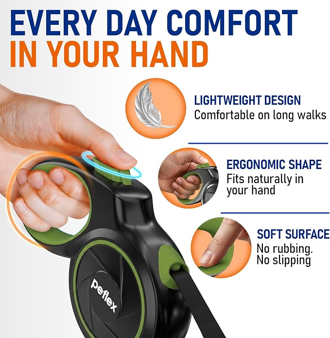 20.1 ft Retractable Dog Leash for Dogs 10–100 lbs - Heavy Duty Tape Leash with Strong Nylon Tape - 360° Swivel Control - One-Click Brake & Lock - Ergonomic Non-Slip Grip for Safe & Easy Daily Walks GR - Image 3