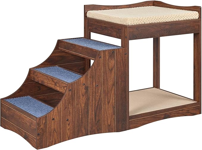unipaws Pet Bunk Bed with Removable Step for Dog and Cat, Window Perch Seat | Multi-Level Bed with Cushion and Cat Scratch Pad, Indoor Use, Walnut by unipaws