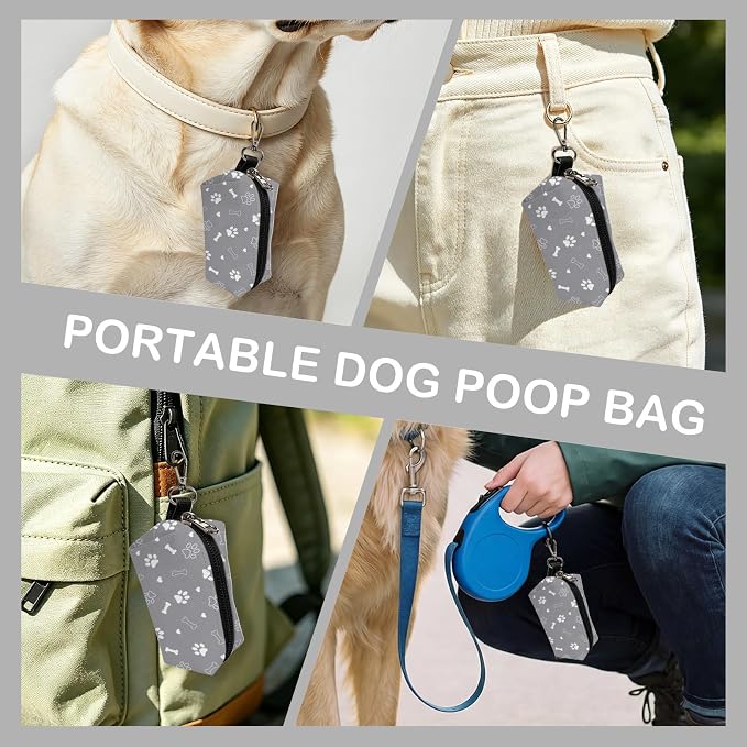 Dog Poop Bag Holder for Leashes with Zippered - Paws & Bones | 3.7x2x1.6 INCH, Polyester, Waste Bag Dispenser, Durable, Portable, Lightweigh, Compact, With Key Chain, Pet, Doggy, Gray - Image 4