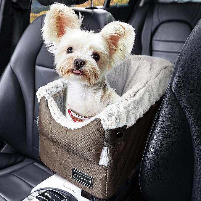 PETSFIT Dog Console Car Seat with Dual Adjustable Seat-Rail Anchor Hooks | Anti-Collapse Leather Armrest Booster Carseat with Safety Tether, Washable Cushion, Soft Pillow for Pets Under 8 lbs,Coffee by Petsfit