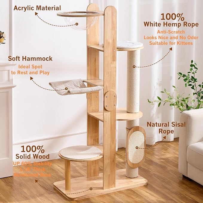 Solid Wood Cat Tree Tower with Scratching Post, 64 Inches Tall Cat Towers with Scratching Board, Modern Cat Tower with Space Capsule and Removable Top Bed for Indoor Cats - Image 3
