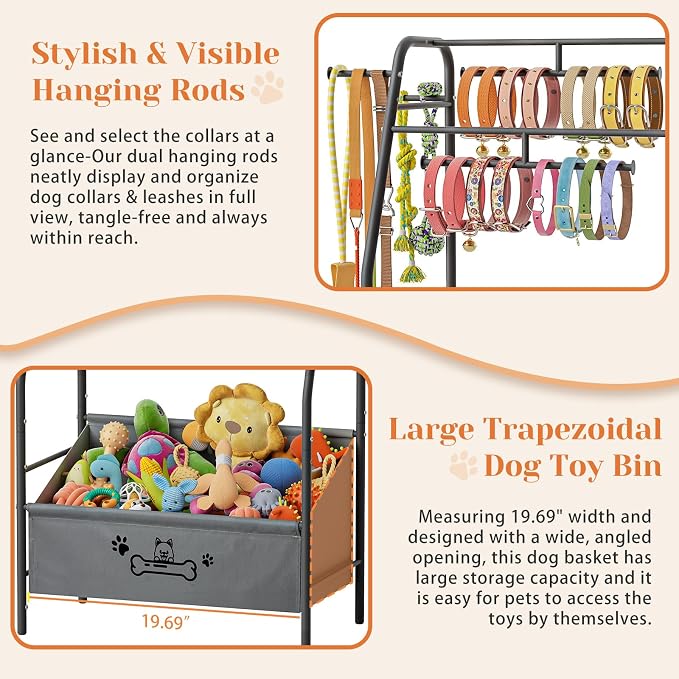 Lomivra Large Dog Toy Basket with Dog Storage Organizer, Trapezoid Toy Bin Box with Collar Leash Holder Hook, Dogs Toy Holder Chest Pet Storage Cabinet for Living Room Dogs Essentials - Image 6