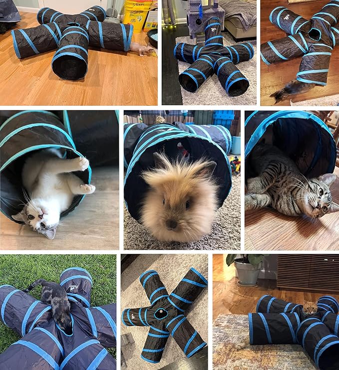 Pawaboo Cat Tunnel Tube 5 Way Tunnels, Blue, 25x53cm | Extensible Collapsible, Play Tent Interactive Toy Maze, Cats House with Balls and Bells - Image 2