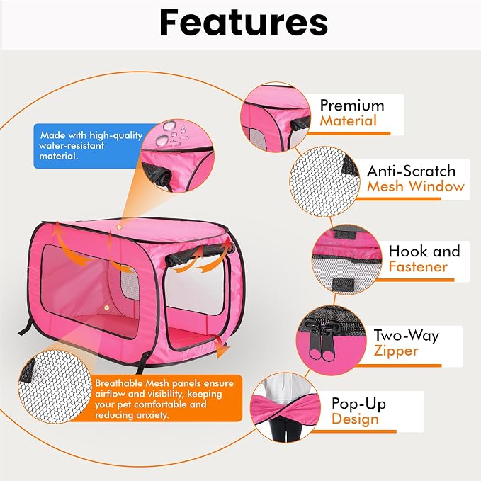Portable Collapsible Pop Up Kennel, 32.5" L x 19.5" W x 19.5" H, Fuchsia | Collapsible indoor/outdoor travel cat and dog crate with mesh screen windows pops up and folds flat for easy storage - Image 4