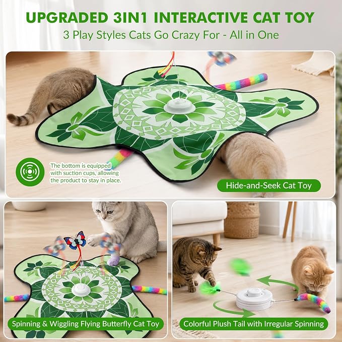 Wortade 3in1 Interactive Hide-and-Seek Cat Toy, Rotating, Green | Moving Concealed Wand Feather,Automatic Fluttering Butterfly,Cat Stimulation,Touch Activated,Mouse Squeaky,1800mAh Battery - Image 3