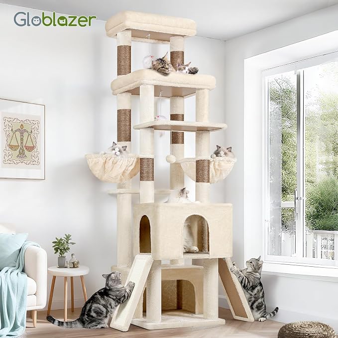 Globlazer Heavy Duty Cat Tree 78 inch Sturdy Cat Tower for 20lbs Large Adult Cats, Symmetrical Aesthetic Big Cat Tree with Extra Large Platform, 2 Scratching Boards, Z78, Beige - Image 7